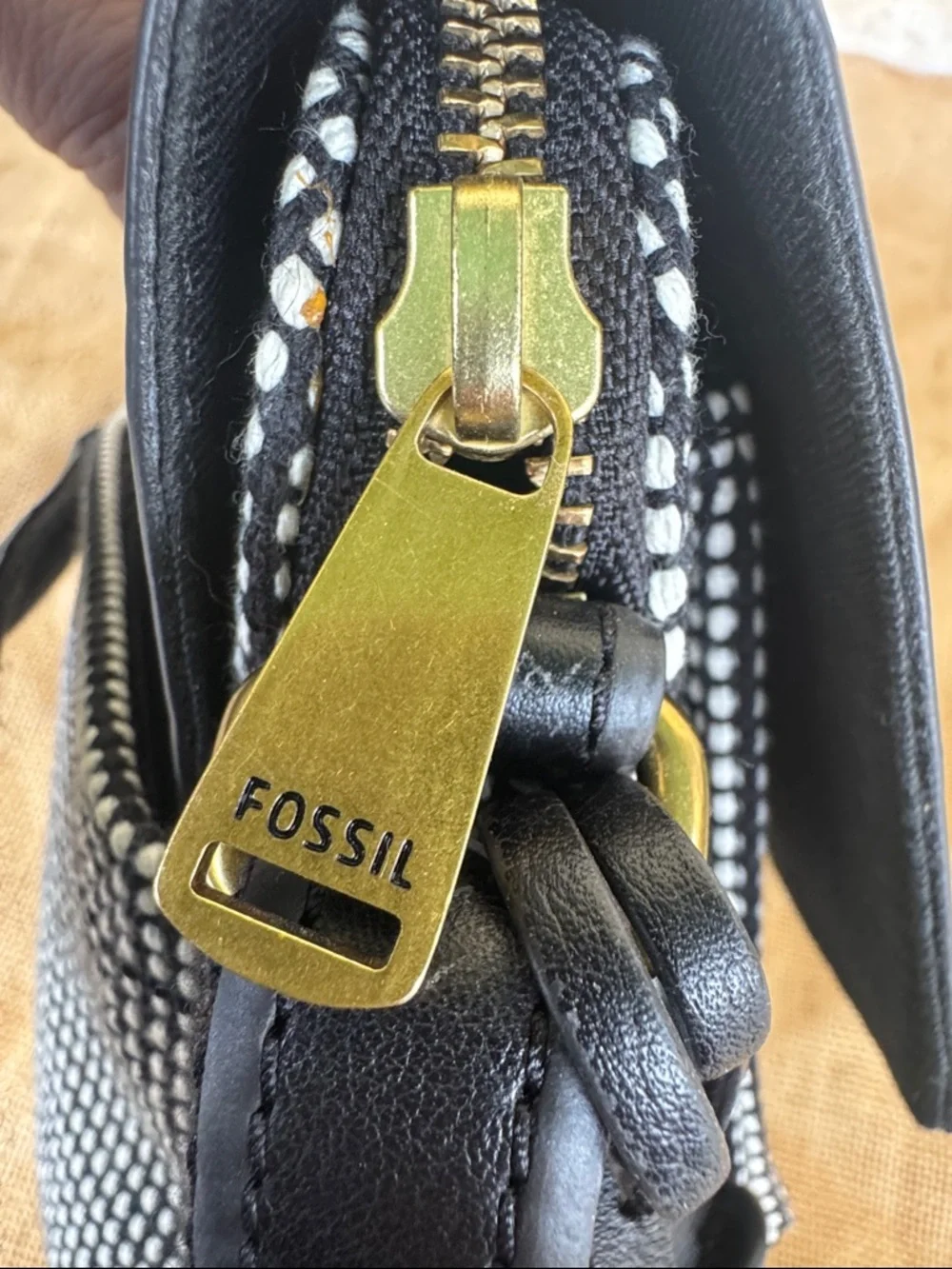 Fossil Black Leather Crossbody with Black & White Pattern NWOT